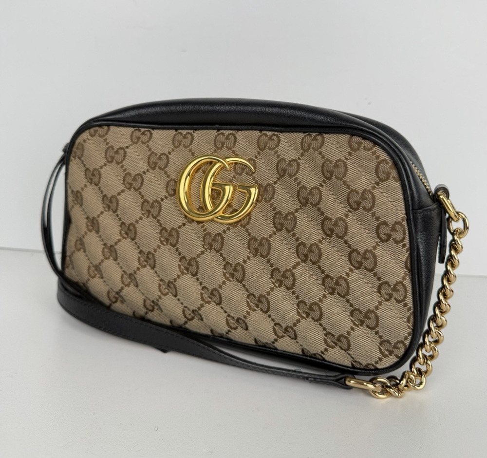 Gucci Marmont Camera Shoulder Bag Small in GG Canvas & Black Leather S04